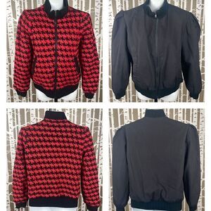 90s Vintage Red Black Houndstooth Sweater Knit Reversible Bomber Jacket